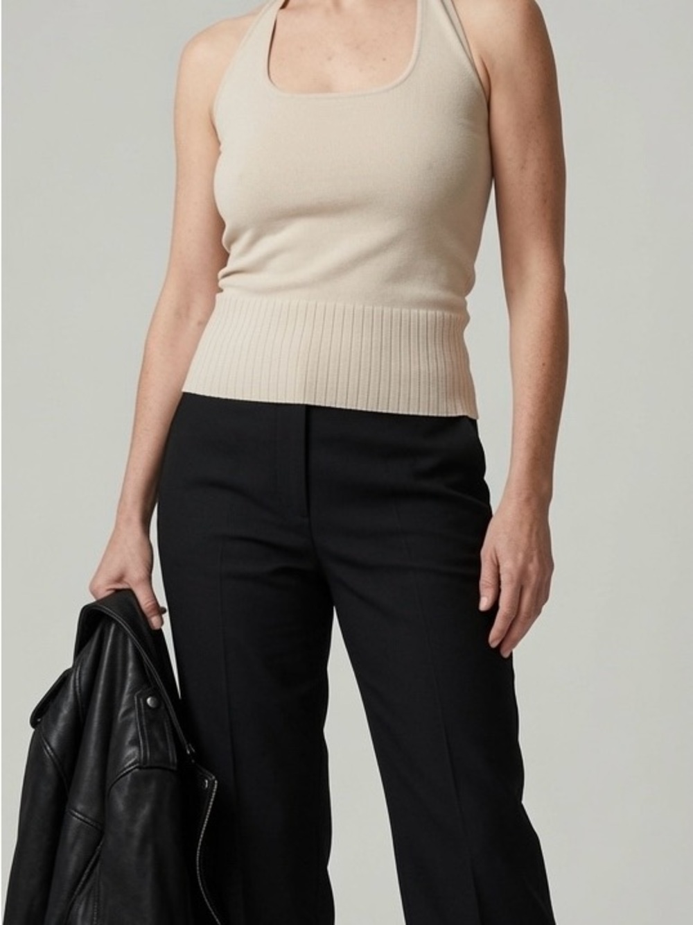 Ribbed Halter Tank Top in Cream